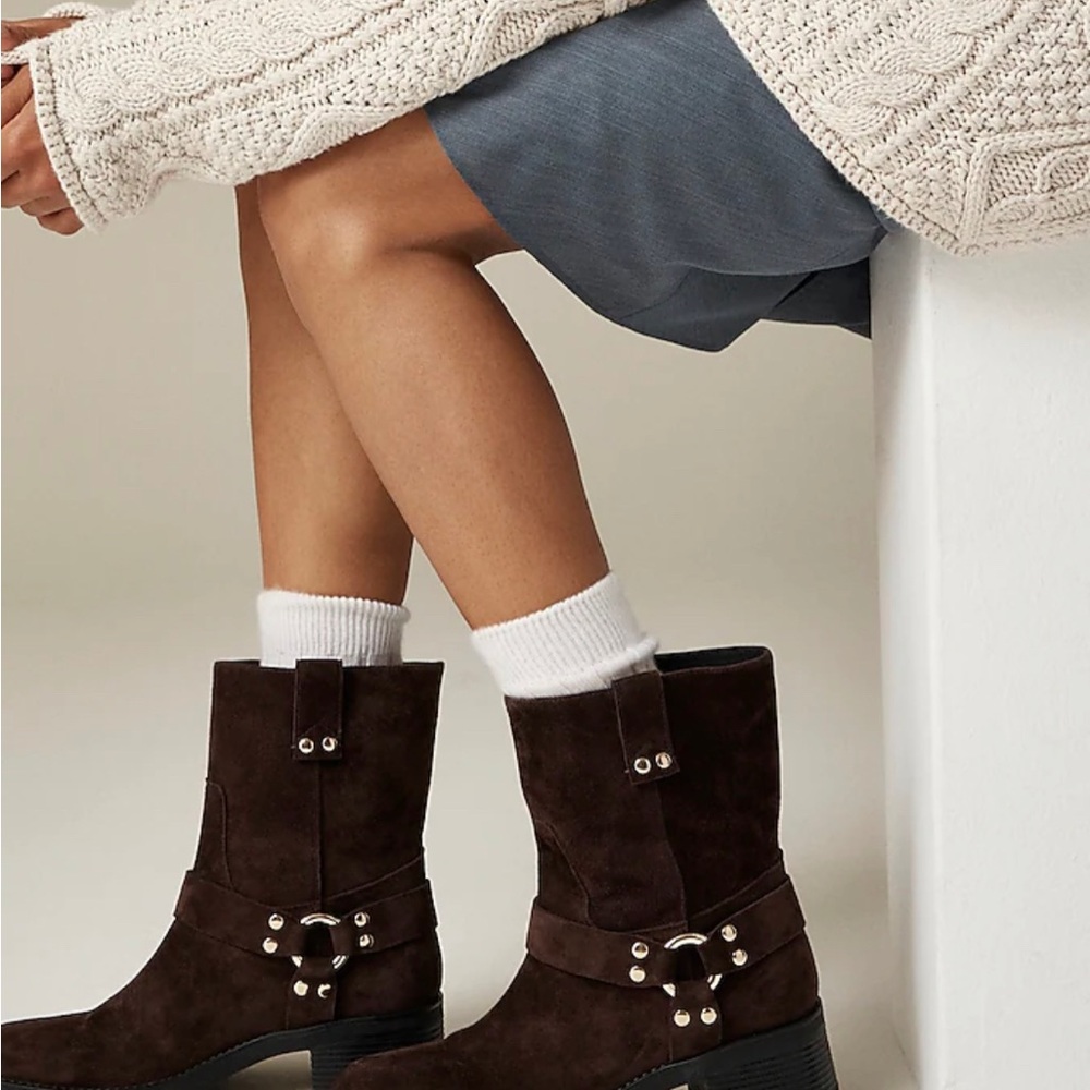 J. Crew Brown Suede Moto Ankle Boots with Buckle Detail